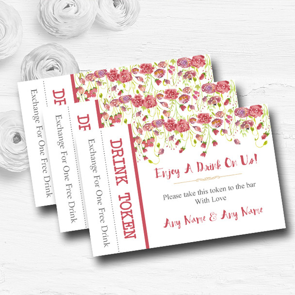 Plum Pink Watercolour Floral Personalised Wedding Bar Free Drink Tokens