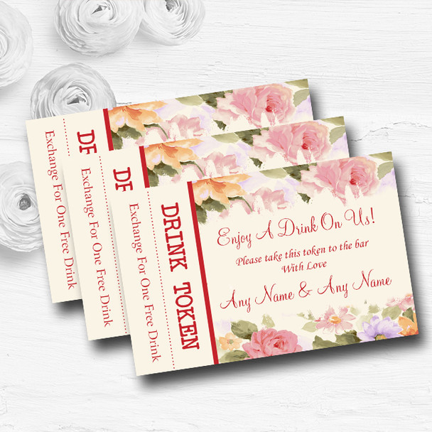 Pretty Pastel Floral Vintage Personalised Wedding Bar Free Drink Tokens