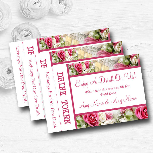 Pink Roses Pearls Champagne Personalised Wedding Bar Free Drink Tokens