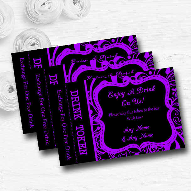 Black & Purple Swirl Deco Personalised Wedding Bar Free Drink Tokens
