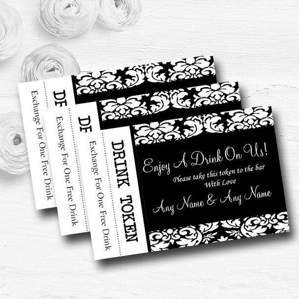 Floral Black White Damask Personalised Wedding Bar Free Drink Tokens