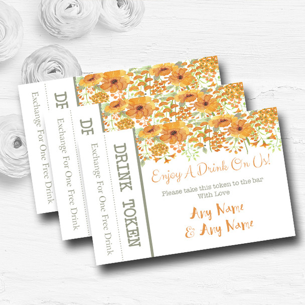 Watercolour Floral Orange Personalised Wedding Bar Free Drink Tokens