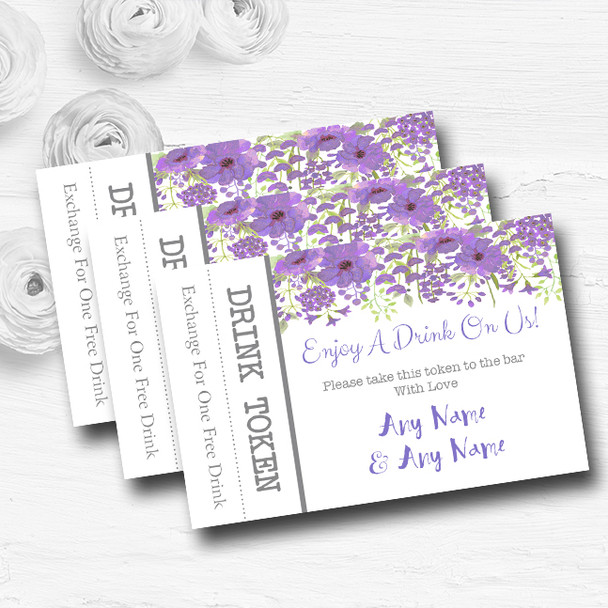 Watercolour Floral Purple Personalised Wedding Bar Free Drink Tokens