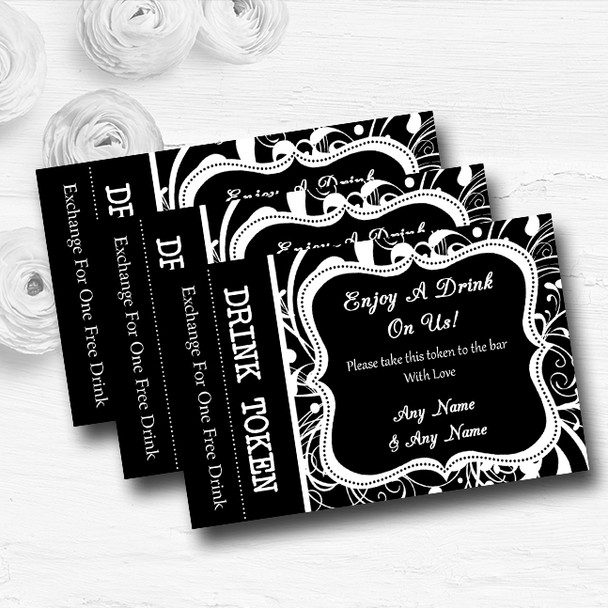 Black & White Swirl Deco Personalised Wedding Bar Free Drink Tokens
