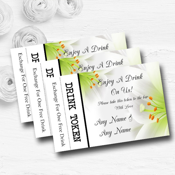 Subtle White Lily Flower Personalised Wedding Bar Free Drink Tokens