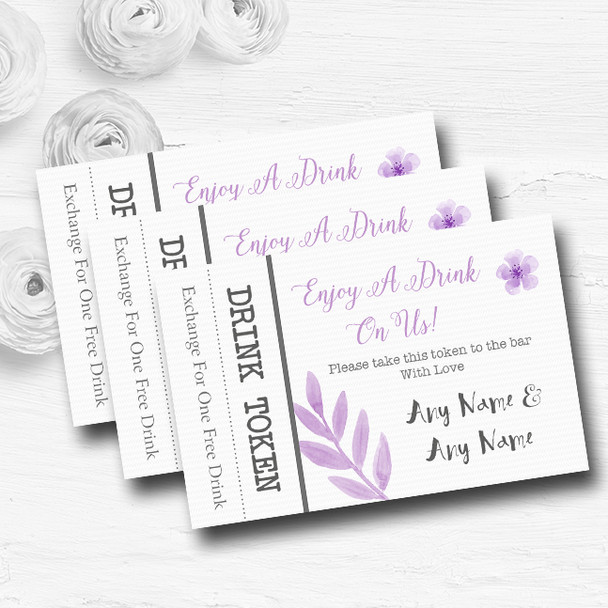 Watercolour Subtle Lilac Personalised Wedding Bar Free Drink Tokens