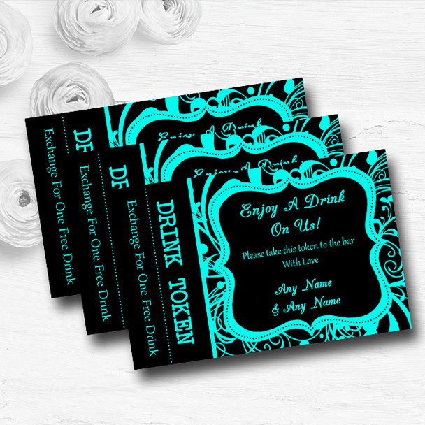 Black & Aqua Swirl Deco Personalised Wedding Bar Free Drink Tokens