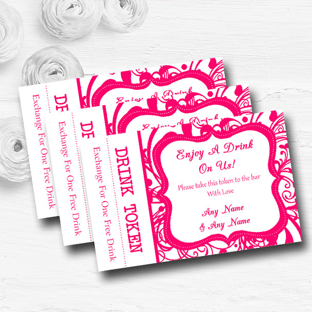White & Pink Swirl Deco Personalised Wedding Bar Free Drink Tokens