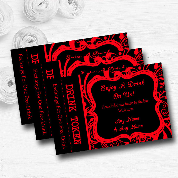 Black & Red Swirl Deco Personalised Wedding Bar Free Drink Tokens