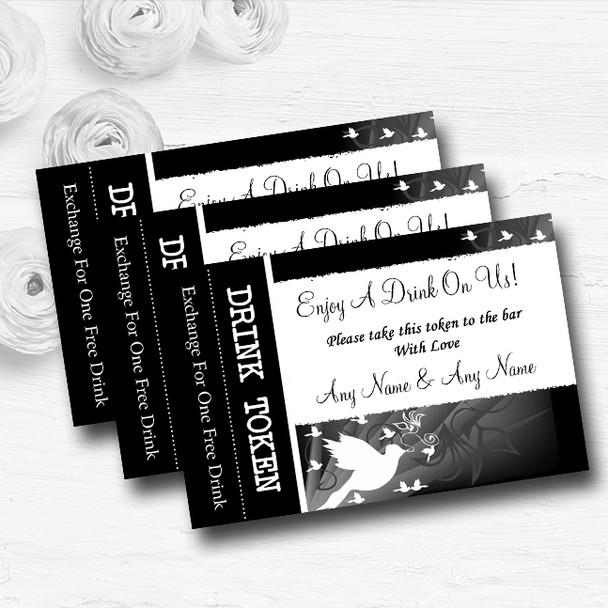 Black With White Doves Personalised Wedding Bar Free Drink Tokens