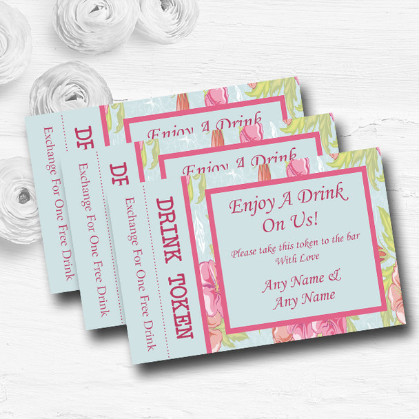 Pale Blue Pink Vintage Personalised Wedding Bar Free Drink Tokens