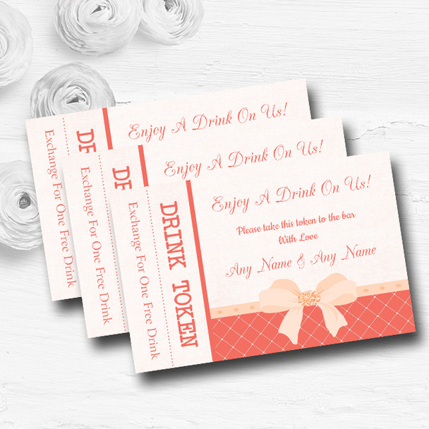 Quilted Look Coral Bow Personalised Wedding Bar Free Drink Tokens