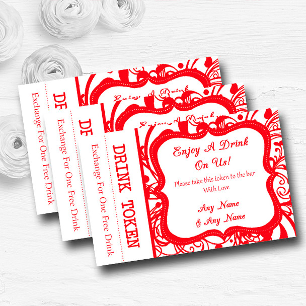White & Red Swirl Deco Personalised Wedding Bar Free Drink Tokens