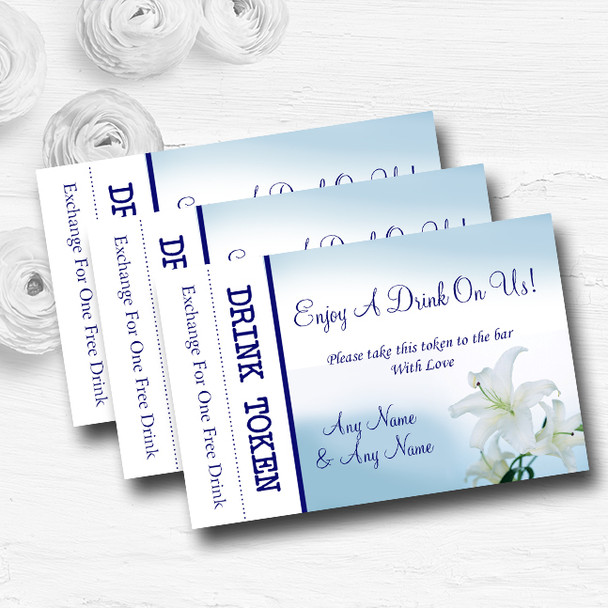 White Blue Lily Flower Personalised Wedding Bar Free Drink Tokens