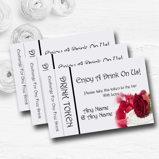 White Pearl Red Rose Personalised Wedding Bar Free Drink Tokens