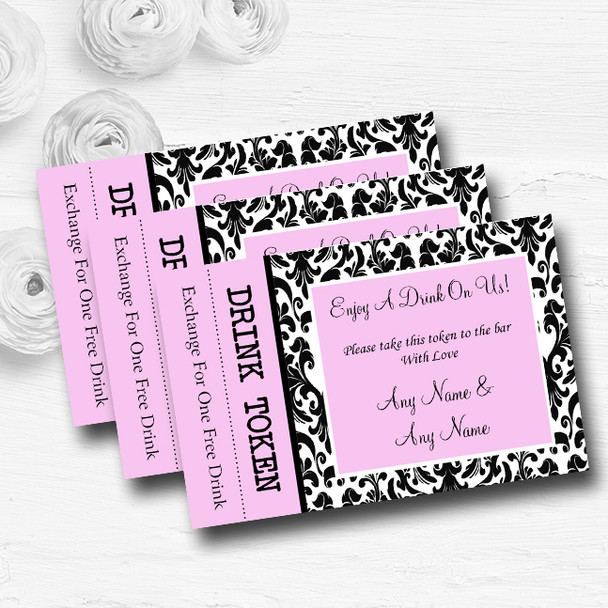 Black & Pink Damask Personalised Wedding Bar Free Drink Tokens