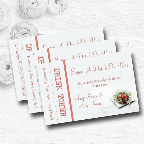 Peach Coral Rose Personalised Wedding Bar Free Drink Tokens