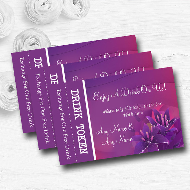 Purple Pink Lily Personalised Wedding Bar Free Drink Tokens