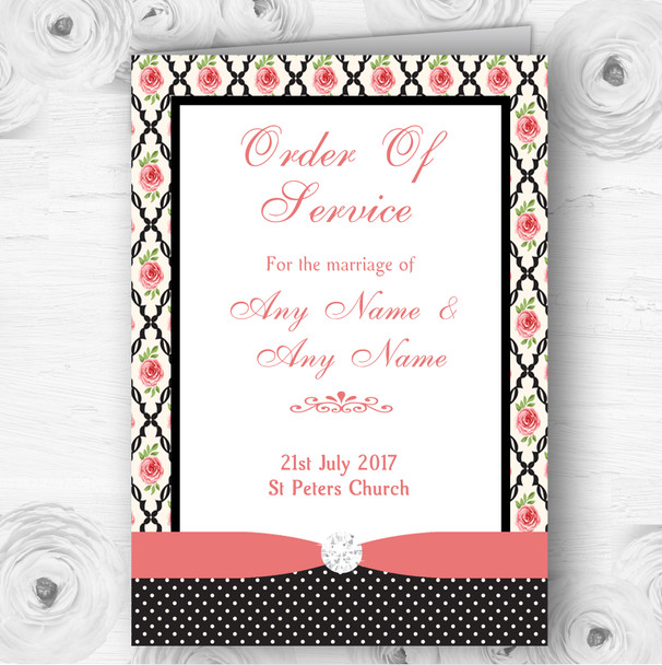 Coral Pink Rose Shabby Chic Black Polkadot Wedding Double Cover Order Of Service