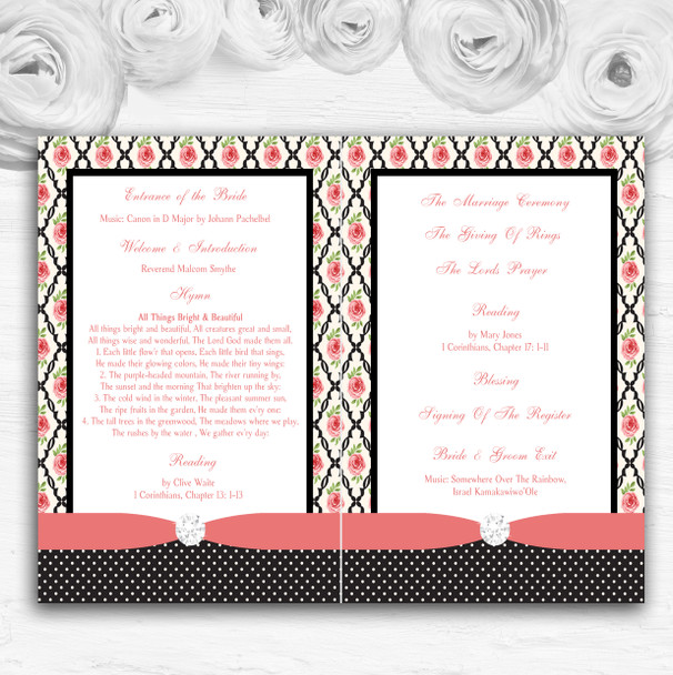 Coral Pink Rose Shabby Chic Black Polkadot Wedding Double Cover Order Of Service