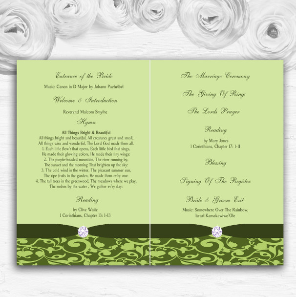 Olive Green Vintage Floral Damask Diamante Wedding Double Cover Order Of Service