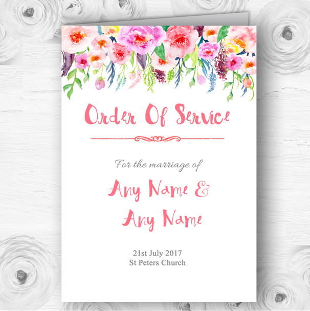 Coral Pink Watercolour Floral Personalised Wedding Double Cover Order Of Service Coral Pink Watercolour Floral Personalised Wedding Double Cover Order Of Service