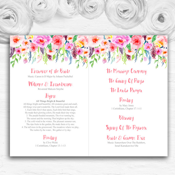 Coral Pink Watercolour Floral Personalised Wedding Double Cover Order Of Service Coral Pink Watercolour Floral Personalised Wedding Double Cover Order Of Service