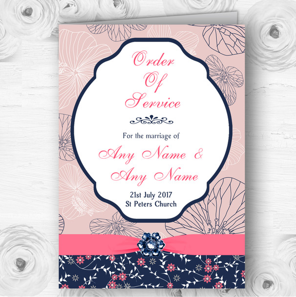 Navy Blue & Coral Pink Floral Personalised Wedding Double Cover Order Of Service