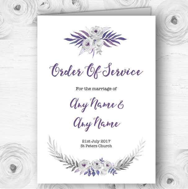 Purple & Silver Subtle Floral Personalised Wedding Double Cover Order Of Service