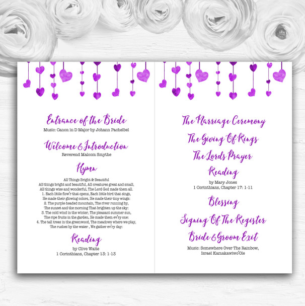 Purple Watercolour Heart Drop Personalised Wedding Double Cover Order Of Service