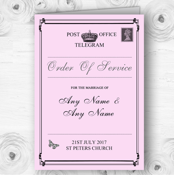 Vintage Telegram Elegant Pink Personalised Wedding Double Cover Order Of Service