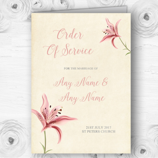 Coral Pink Lily Vintage Personalised Wedding Double Sided Cover Order Of Service