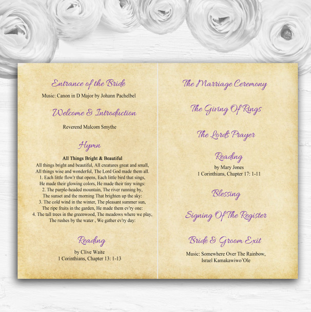 Vintage Cadbury Purple Watercolour Floral Wedding Double Cover Order Of Service