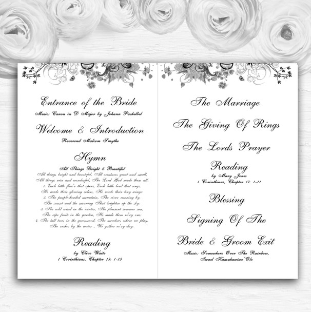 Black White Flower Butterfly Personalised Wedding Double Cover Order Of Service