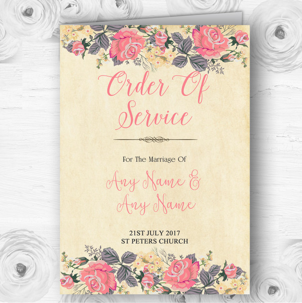 Vintage Coral Pink Rose Watercolour Wedding Double Sided Cover Order Of Service