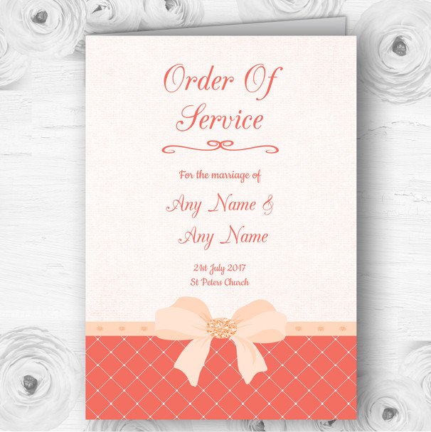 Quilted Look Coral Bow Personalised Wedding Double Sided Cover Order Of Service