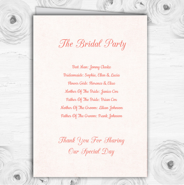 Quilted Look Coral Bow Personalised Wedding Double Sided Cover Order Of Service