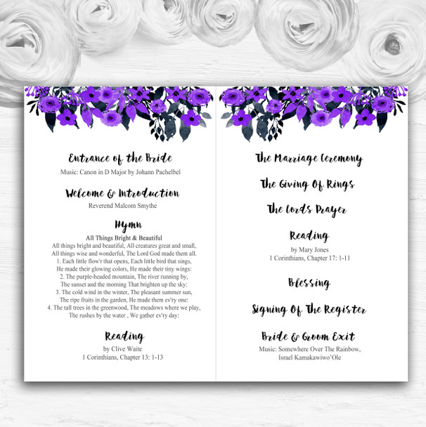 Watercolour Black & Purple Floral Header Wedding Double Cover Order Of Service