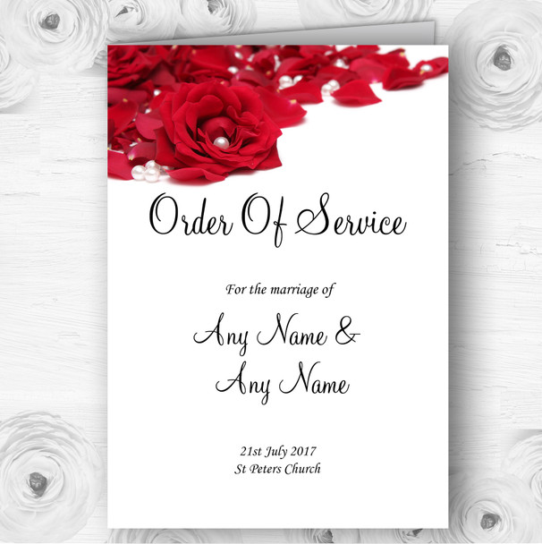 White Pearl Red Rose Petals Personalised Wedding Double Cover Order Of Service