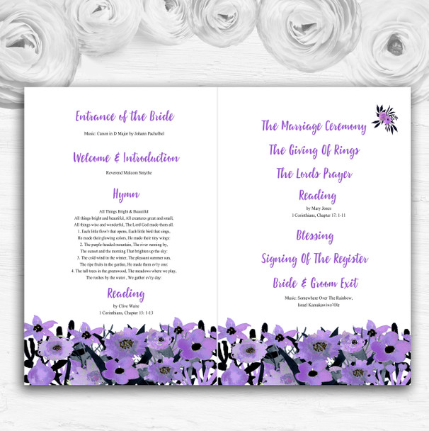 Black & Purple Watercolour Flowers Wedding Double Sided Cover Order Of Service
