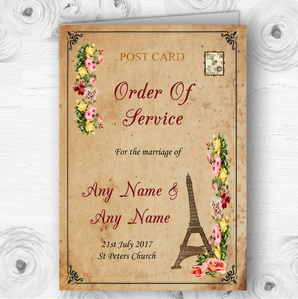 Vintage Paris Shabby Chic Postcard Wedding Double Sided Cover Order Of Service