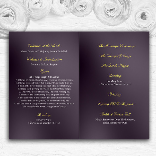 Purple Satin And Gold Personalised Wedding Double Sided Cover Order Of Service