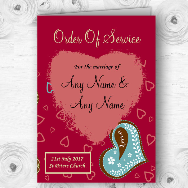 Modern Red Fun Love Hearts Personalised Wedding Double Cover Order Of Service