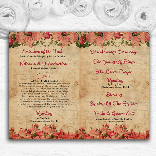 Rustic Pink Roses Signpost Shabby Chic Vintage Wedding Cover Order Of Service