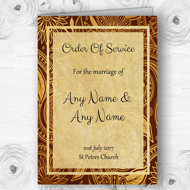 Vintage Brown Gold Postcard Style Wedding Double Sided Cover Order Of Service