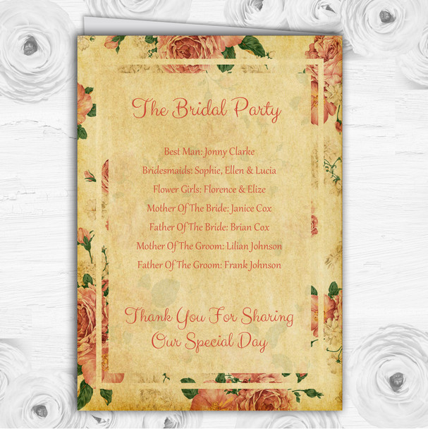 Vintage Pink Roses Postcard Style Wedding Double Sided Cover Order Of Service