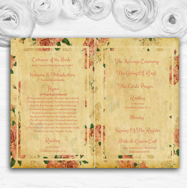 Vintage Pink Roses Postcard Style Wedding Double Sided Cover Order Of Service