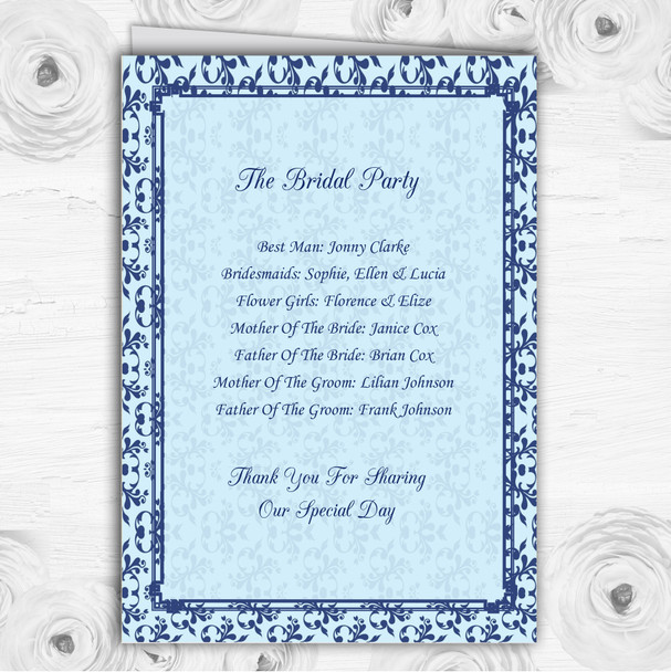 Blue Classic Vintage Personalised Wedding Double Sided Cover Order Of Service