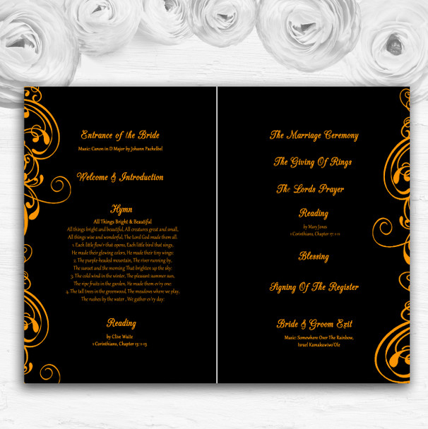 Black & Orange Swirl Deco Personalised Wedding Double Cover Order Of Service