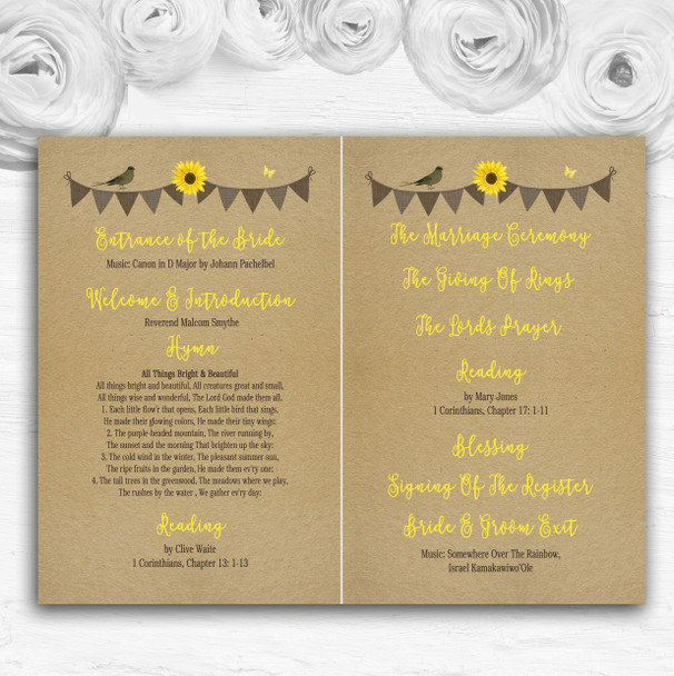Rustic Sunflowers Vintage Personalised Wedding Double Cover Order Of Service